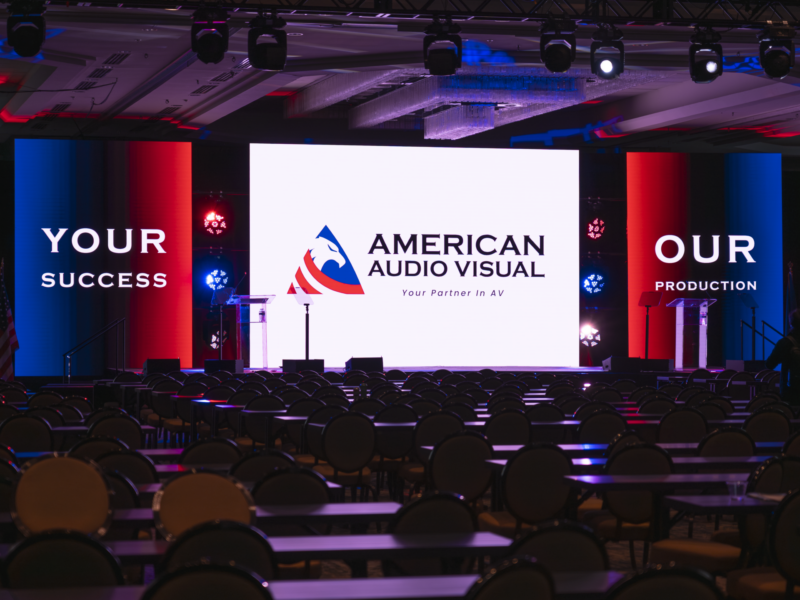 Multi-room event production in Dallas TX with general session AV, projection screens, LED scenic elements, lighting, and audio support