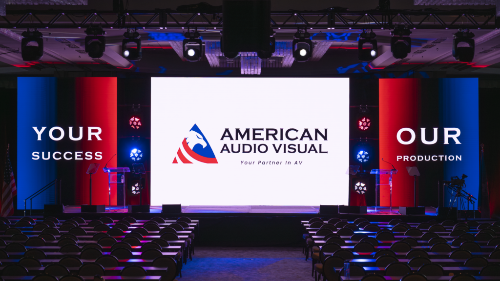 Multi-room event production in Dallas TX with general session AV, projection screens, LED scenic elements, lighting, and audio support